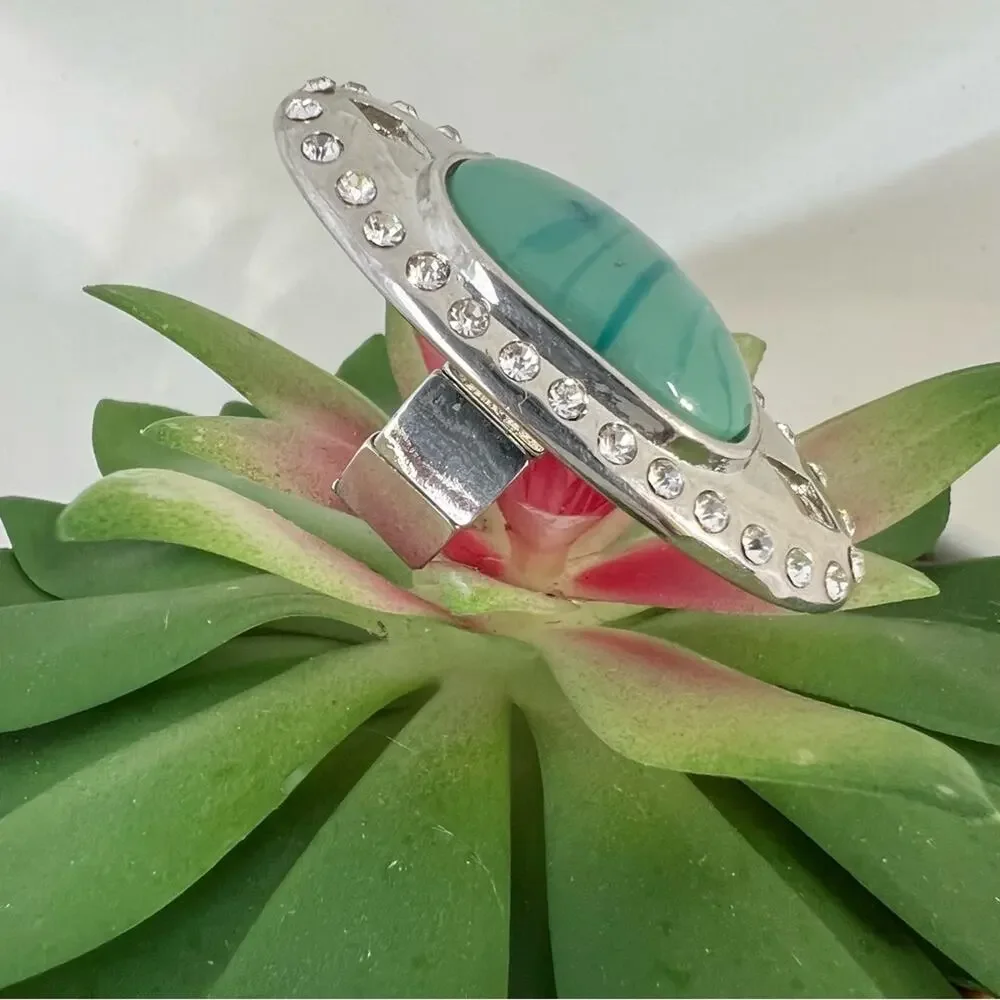 Ladies Cocktail Costume Jewelry Ring Silver Tone Band Faux Turquoise Adustable